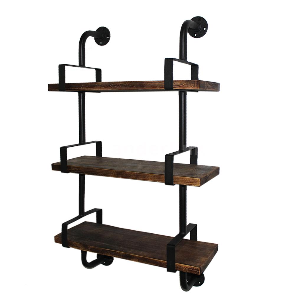 3-Tier Rustic Industrial Iron Pipe Wall Shelves W/ Wood ...